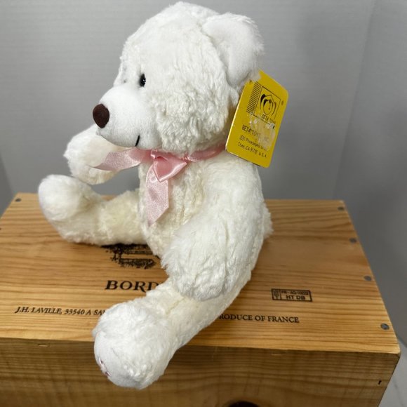 Beta Toys White Teddy Bear Plush 8 Inches Tall Stuffed Animal Pink Ribbon New - Picture 3 of 12